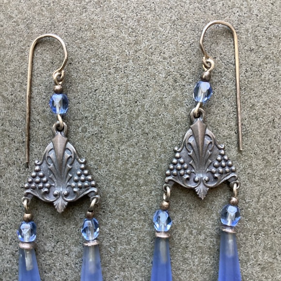 Antique Style Blue Drop Crystal Earrings - Picture 3 of 5
